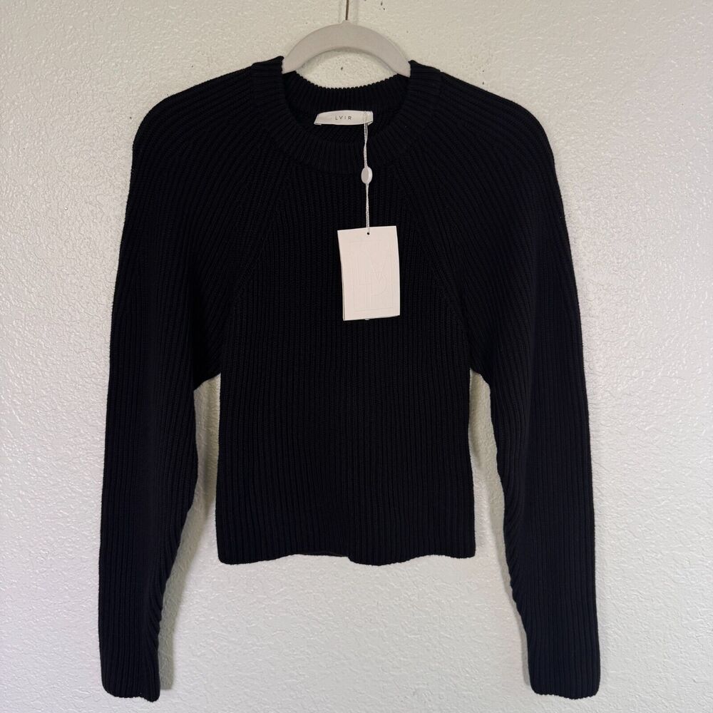 LVIR Sweater Women Small Cutout Back Ribbed Chunky Knit Cotton Capsule Black NEW
